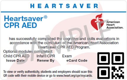 Heartsaver CPR/AED Certification Sample Card | Naples CPR
