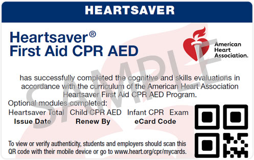 Heartsaver First Aid CPR AED Certification Sample Card | Naples CPR